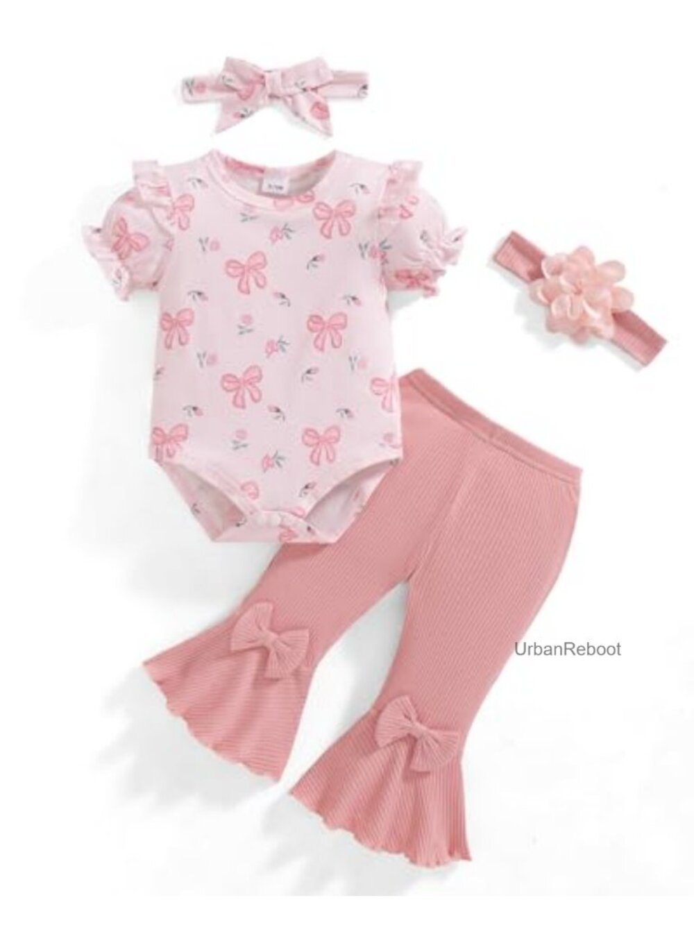 Baby Girl 4-Piece Cotton Outfit Set Romper Flared Pants Headband